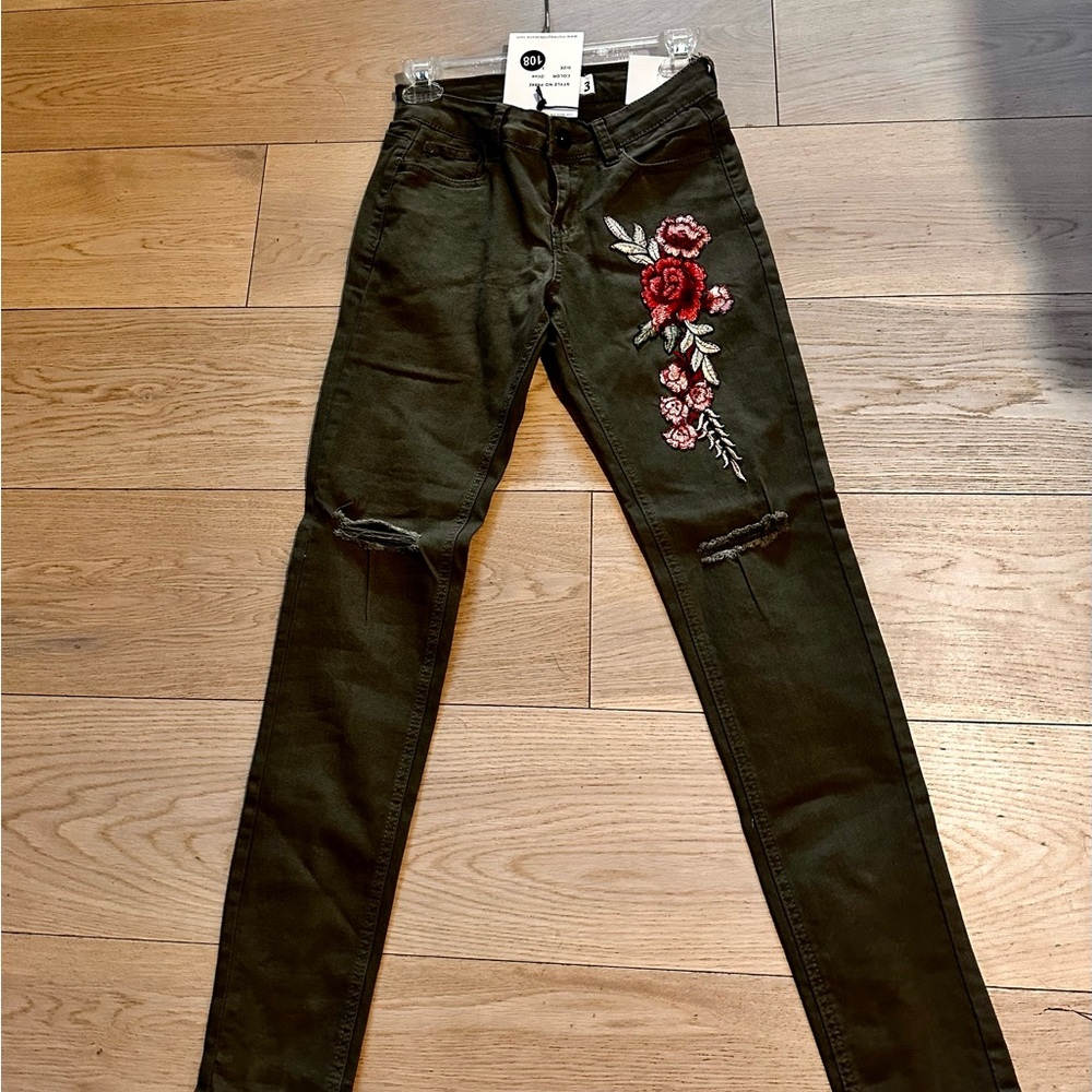 Embroidered Olive Green Jeans